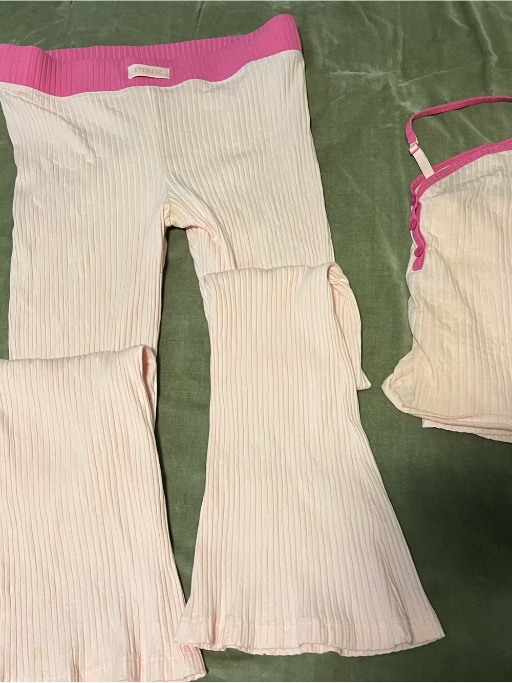PINK Victoria's Secret Cream Ribbed Flare Lounge Pants with Pink Waistband